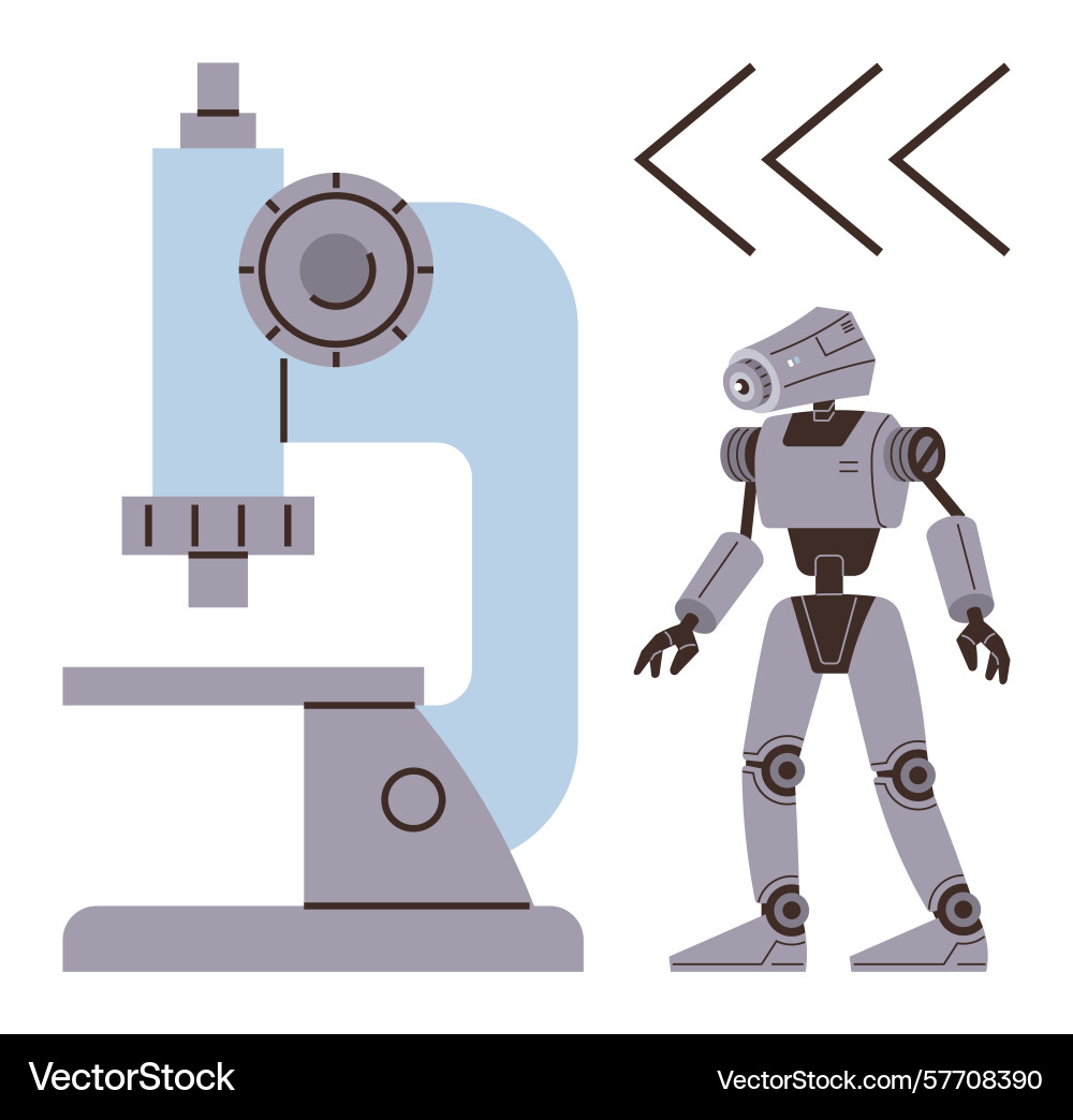 Robot standing next to a large microscope Robot standing next to a large microscope Vector Image