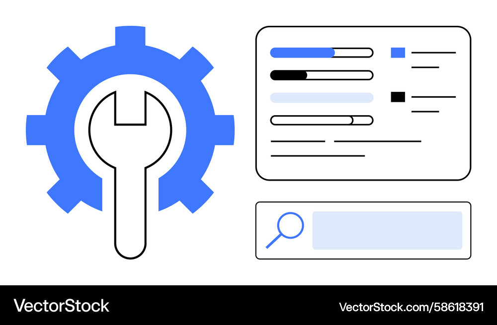 Gear and wrench next to data display interface Gear and wrench next to data display interface Vector Image