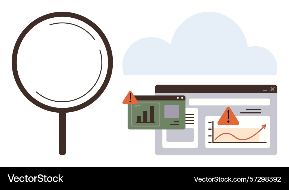 Magnifying glass analyzing data with warning Magnifying glass analyzing data with warning vector image