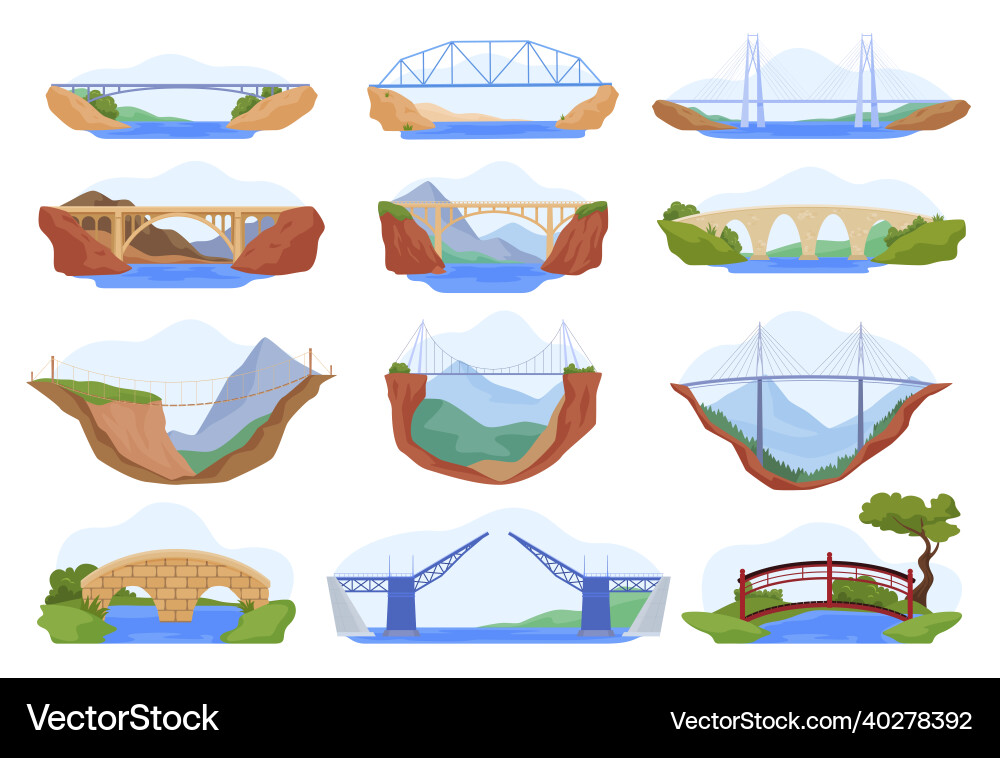 Modern and vintage bridges set flat Modern and vintage bridges set flat vector image