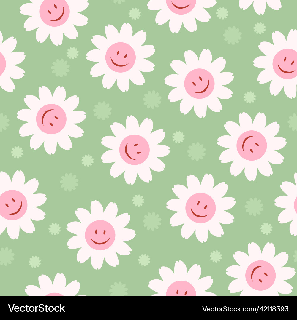 70s cute seamless smiling daisy repeat pattern 70s cute seamless smiling daisy repeat pattern Vector Image
