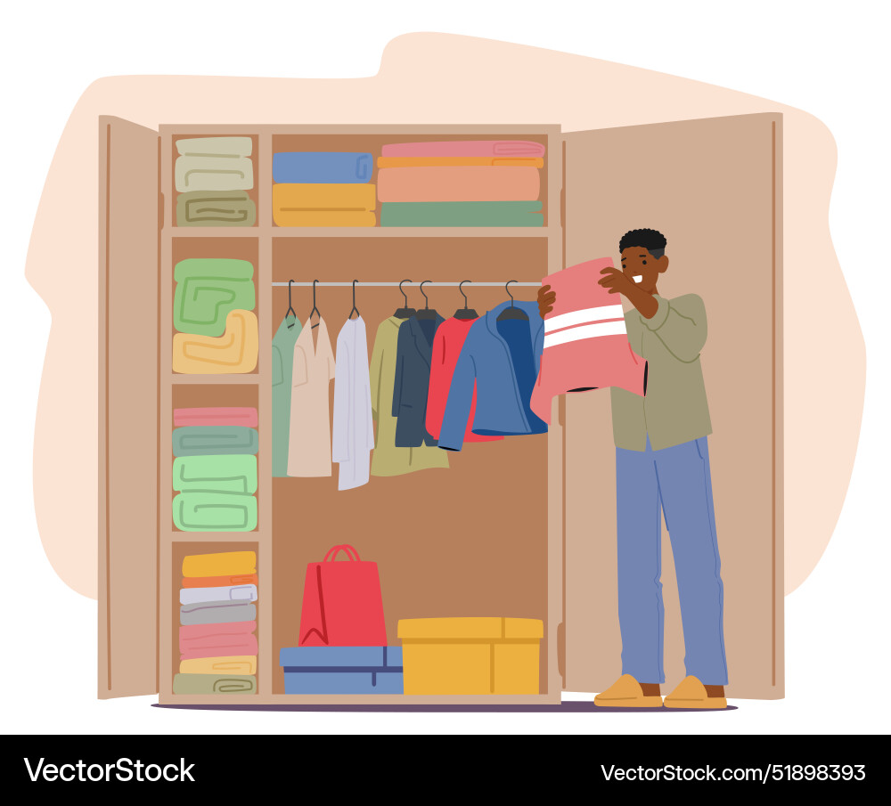 Man organizing clothes in a neatly arranged Man organizing clothes in a neatly arranged Vector Image