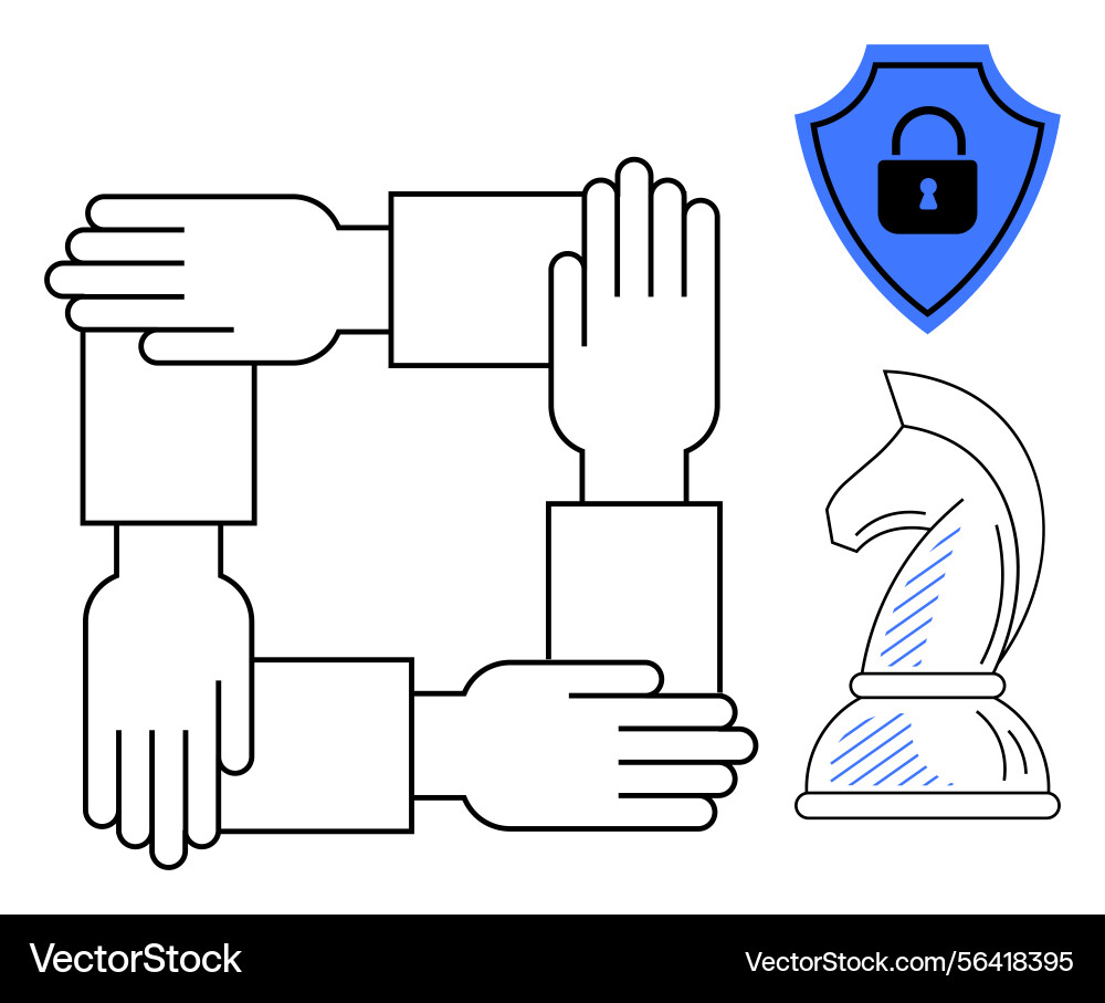 Hands forming a square with shield and chess Hands forming a square with shield and chess Vector Image