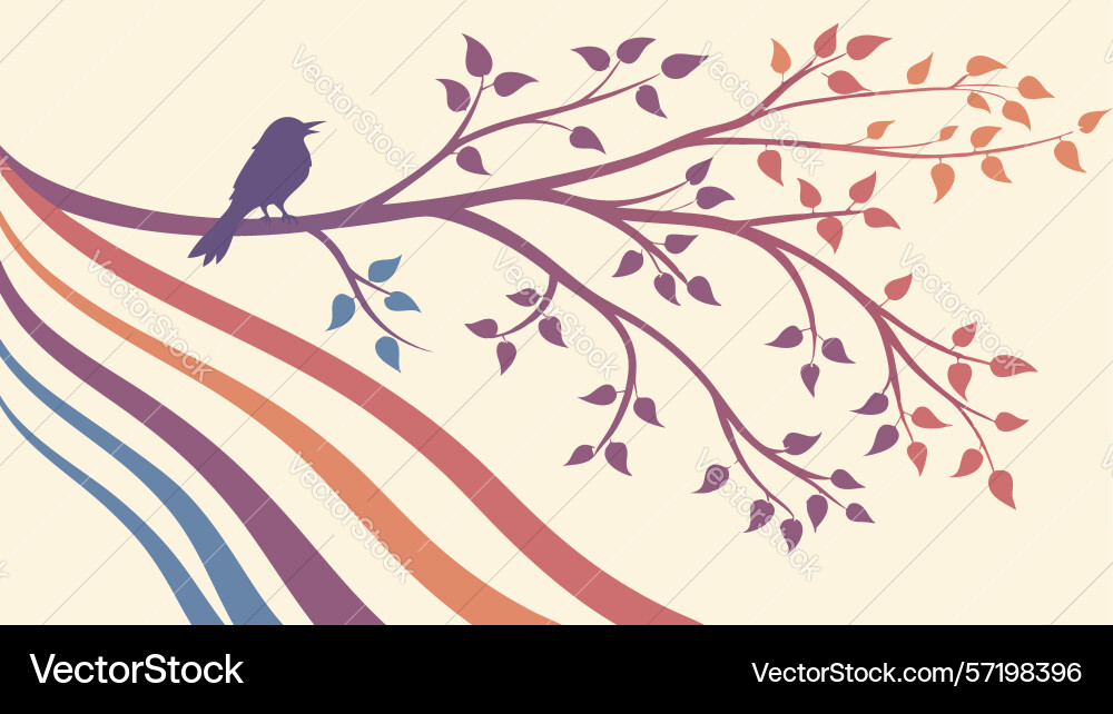 Bird on branch with abstract flowing lines vector image
