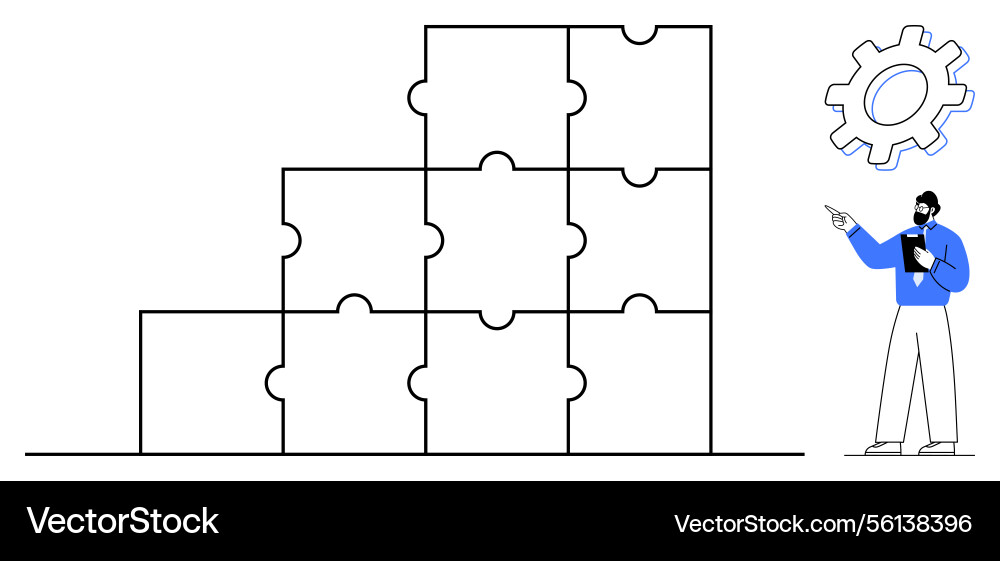 Man strategizing with stacked puzzle pieces Man strategizing with stacked puzzle pieces vector image
