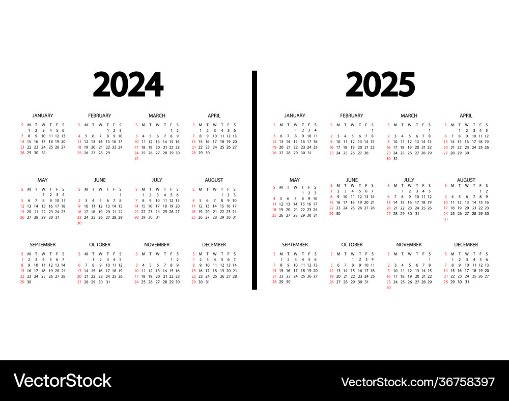 Calendar 2024 2025 year week starts on sunday vector image