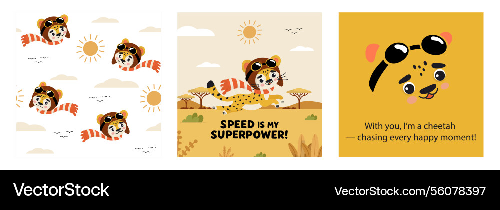 Cheetah pilot character set with nature pattern Vector Image
