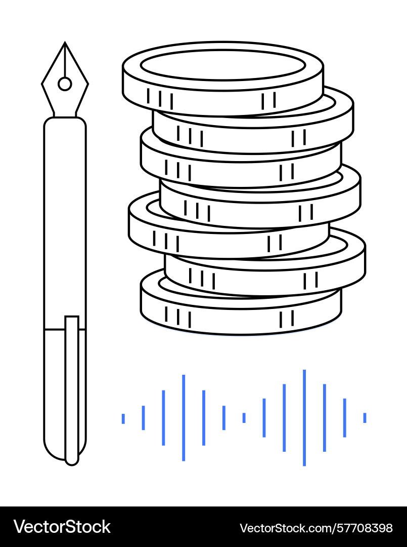 Pen with stacked coins and sound wave representing Pen with stacked coins and sound wave representing Vector Image