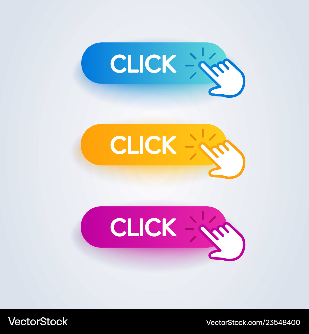Click here colorful button set with hand icon vector image
