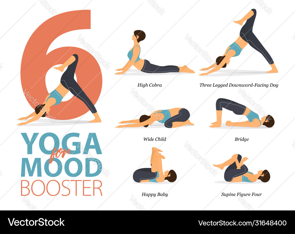 Six Dynamic Yoga Poses - Mood Booster Vector Image