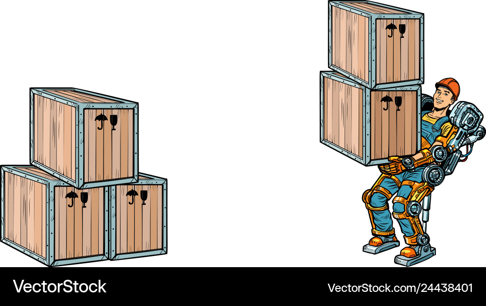 Container loading a man works in the exoskeleton Container loading a man works in the exoskeleton vector image