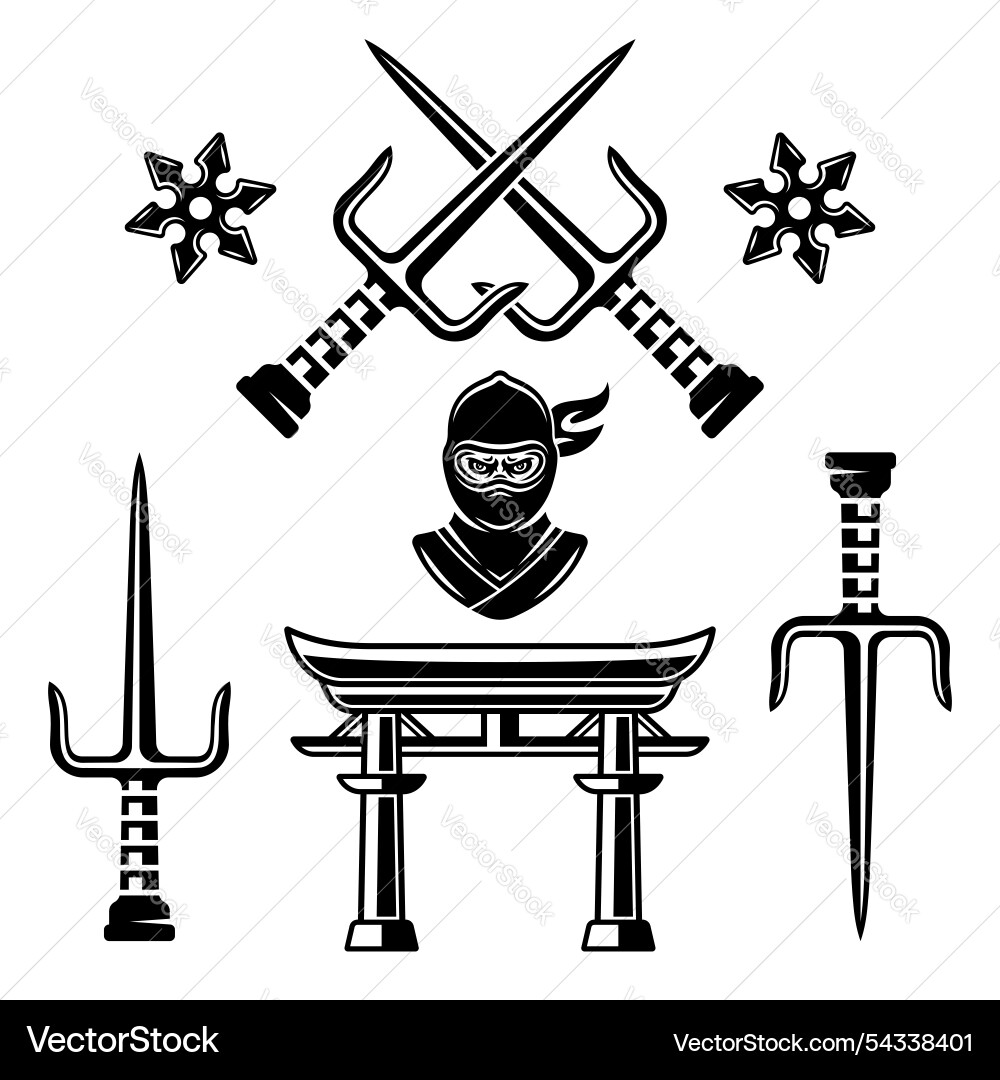 Ninja set of elements in monochrome style Ninja set of elements in monochrome style Vector Image