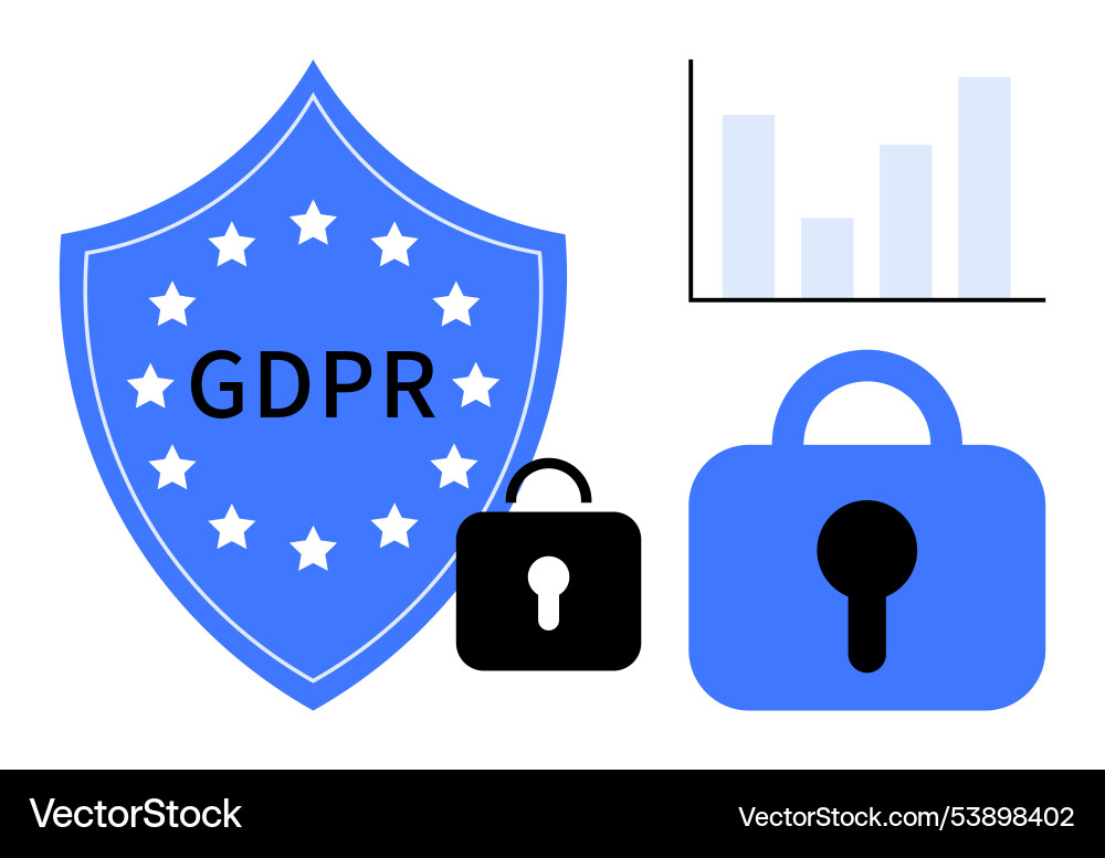Blue shield with gdpr text next to locks and graph Blue shield with gdpr text next to locks and graph vector image