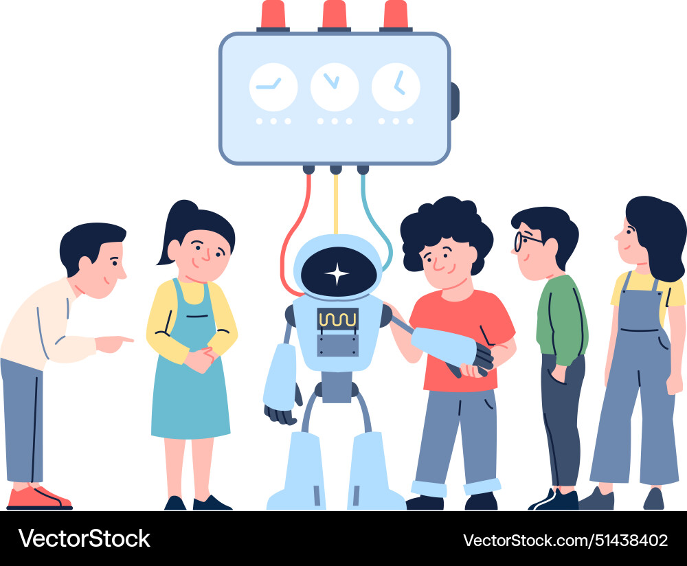 Kids and robot little children create program Vector Image
