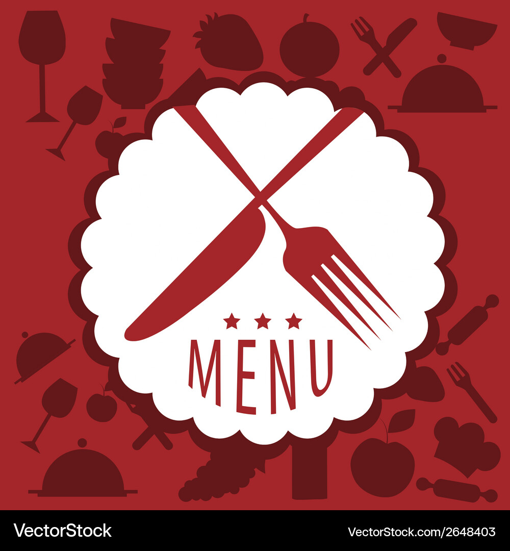 A white icon with two red utensils and text Vector Image
