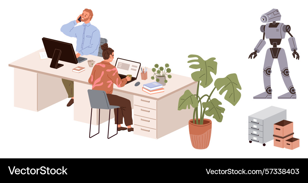 Office workers using technology with robot Office workers using technology with robot vector image