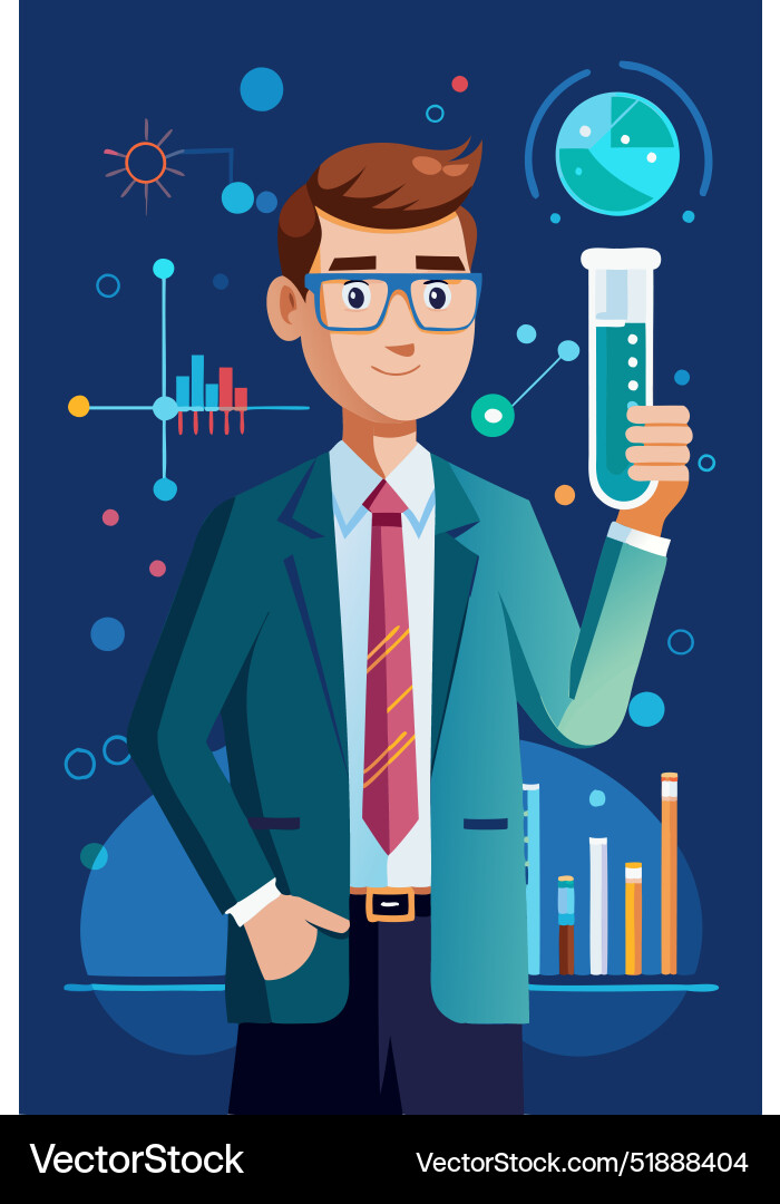 Data scientist with lab tube and analytics vector image