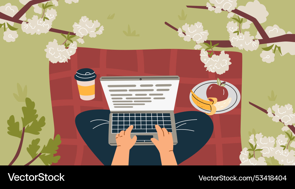 Hands typing on a laptop view from above Vector Image