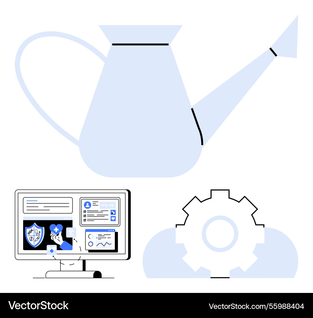 Watering can above computer screen with security Watering can above computer screen with security Vector Image