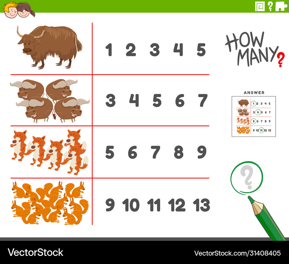 Counting task with cartoon animal characters Counting task with cartoon animal characters vector image