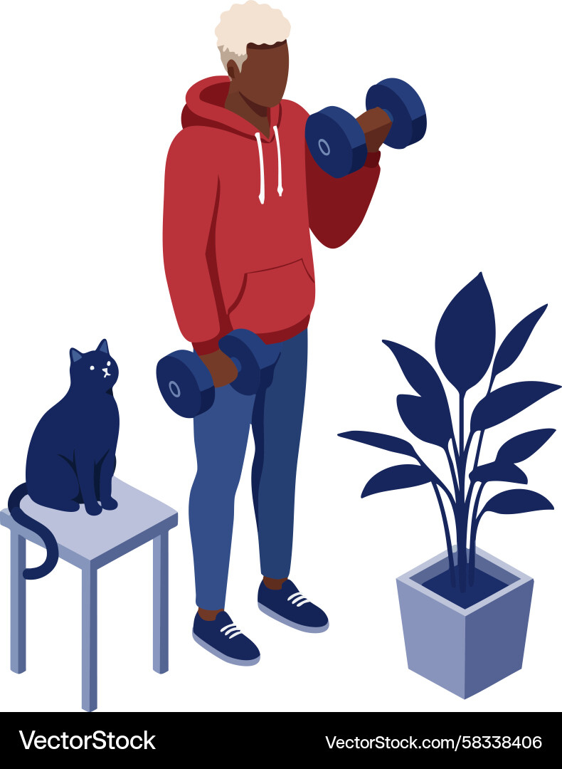 Man Exercising with Dumbbells and Cat Vector Image