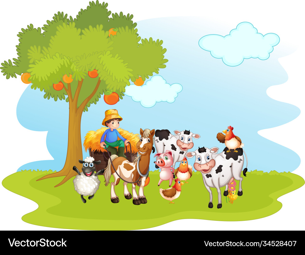 Group domestic animals in a farm isolated Group domestic animals in a farm isolated vector image