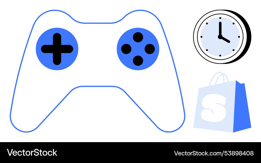Game controller with clock and shopping bag Game controller with clock and shopping bag Vector Image