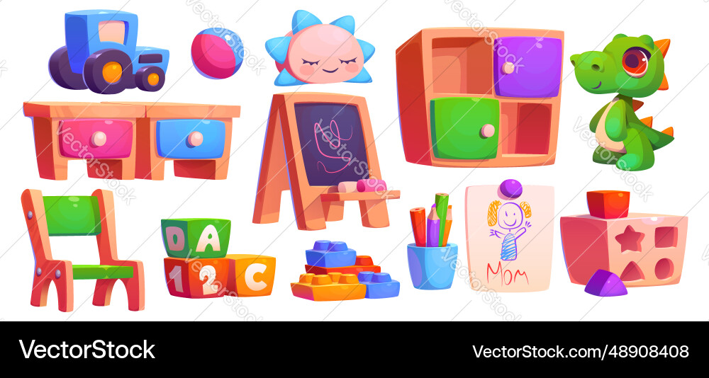 Kindergarten Klassenzimmer Innenspielzeug Set Kindergarten Klassenzimmer Innenspielzeug Set vektorbild