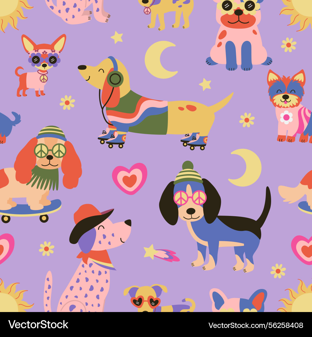 Seamless pattern with groovy retro hippie dogs Seamless pattern with groovy retro hippie dogs vector image