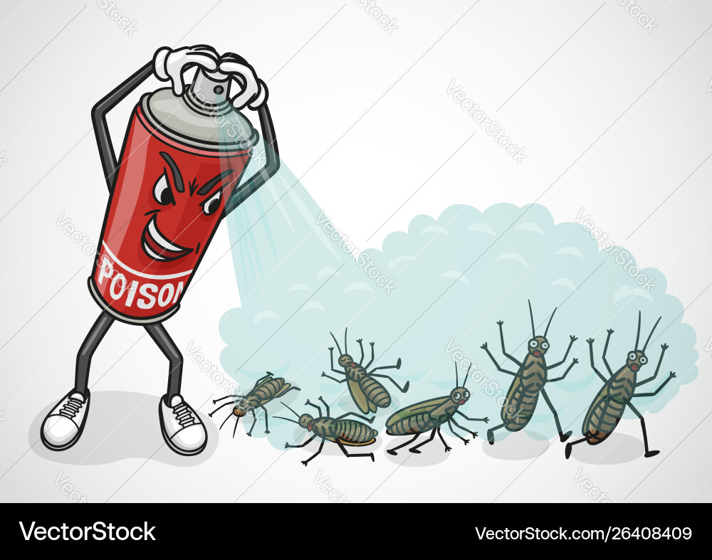 Cartoon spray can sprays poison on cockroaches Cartoon spray can sprays poison on cockroaches vector image