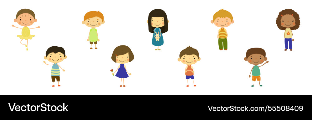 Funny boy and girl kid character stand smile Funny boy and girl kid character stand smile Vector Image