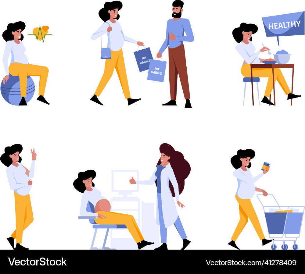Pregnant woman maternity characters baby care Pregnant woman maternity characters baby care vector image
