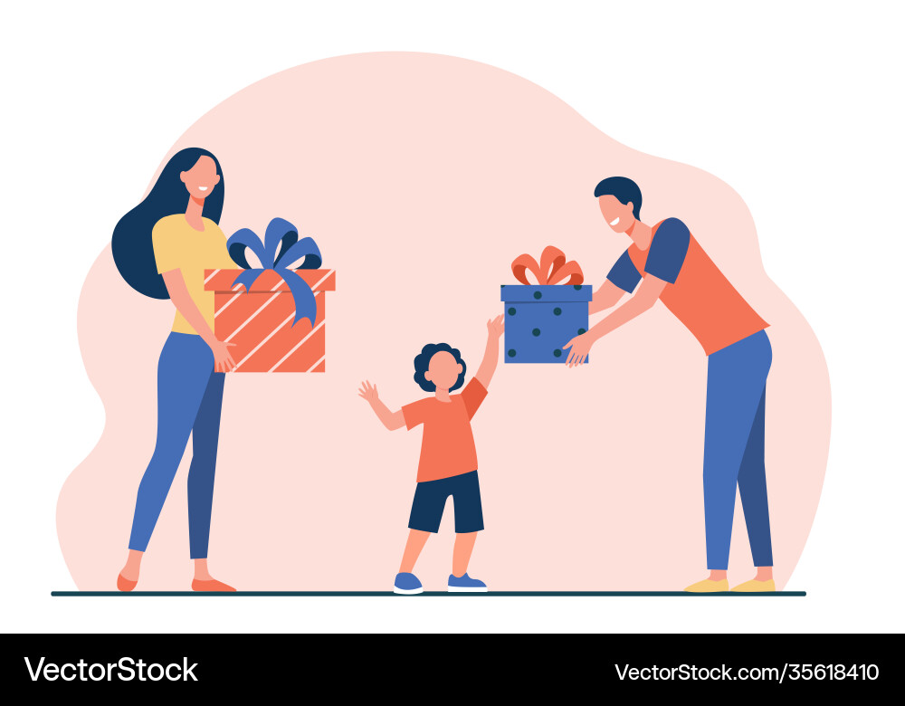 Glückliche Eltern geben Geschenke an Sohn Glückliche Eltern geben Geschenke an Sohn vektorbild