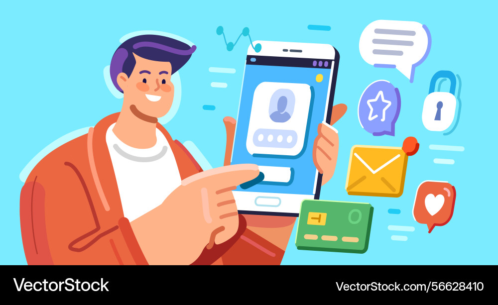 User interacts with applications on mobile device User interacts with applications on mobile device vector image