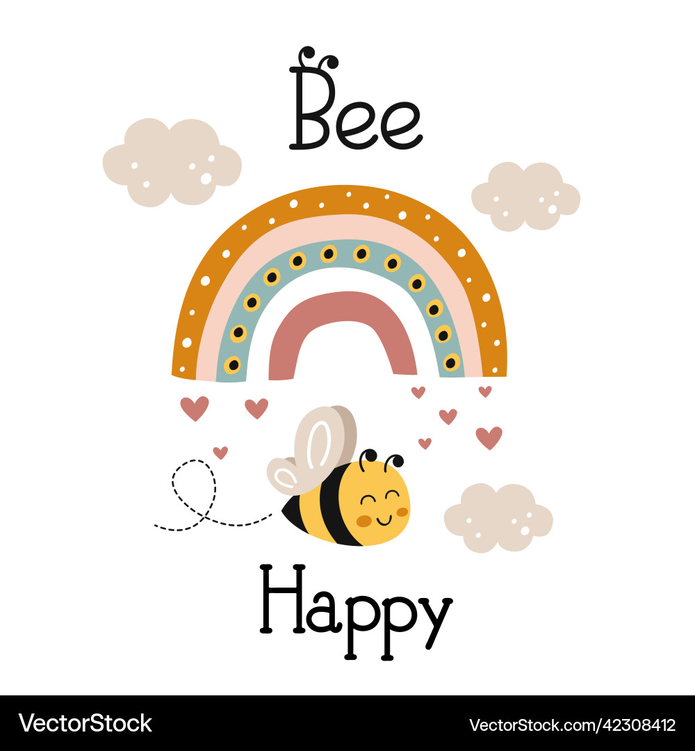 Poster with cute happy bee and rainbow Poster with cute happy bee and rainbow vector image