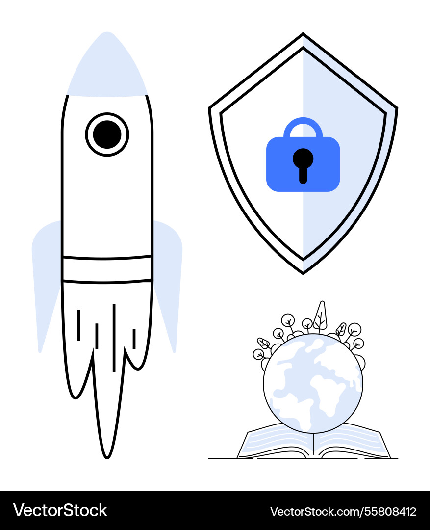 Rocket launch cyber security shield and open Vector Image