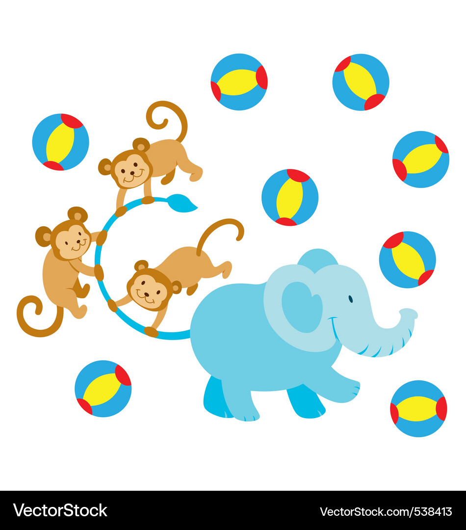 Cheerful Elephant with Monkeys Vector Image