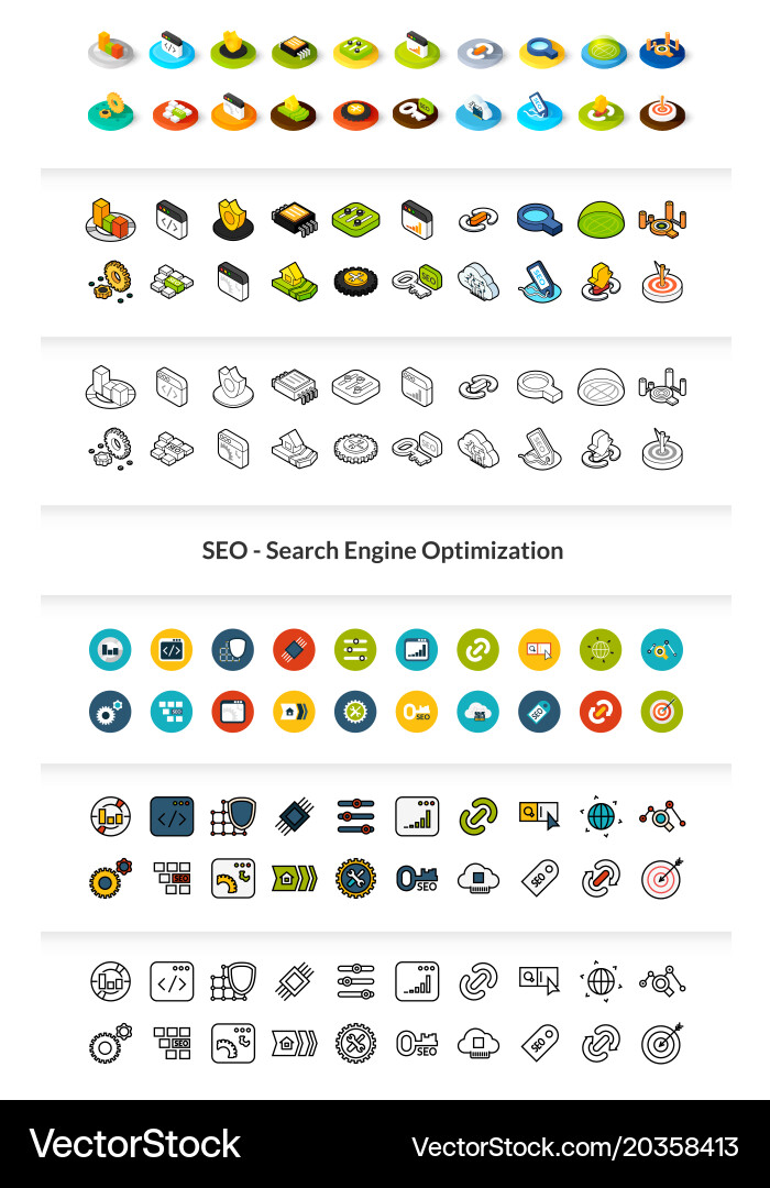 Isometric SEO Icon Set - Flat & Outline vector image