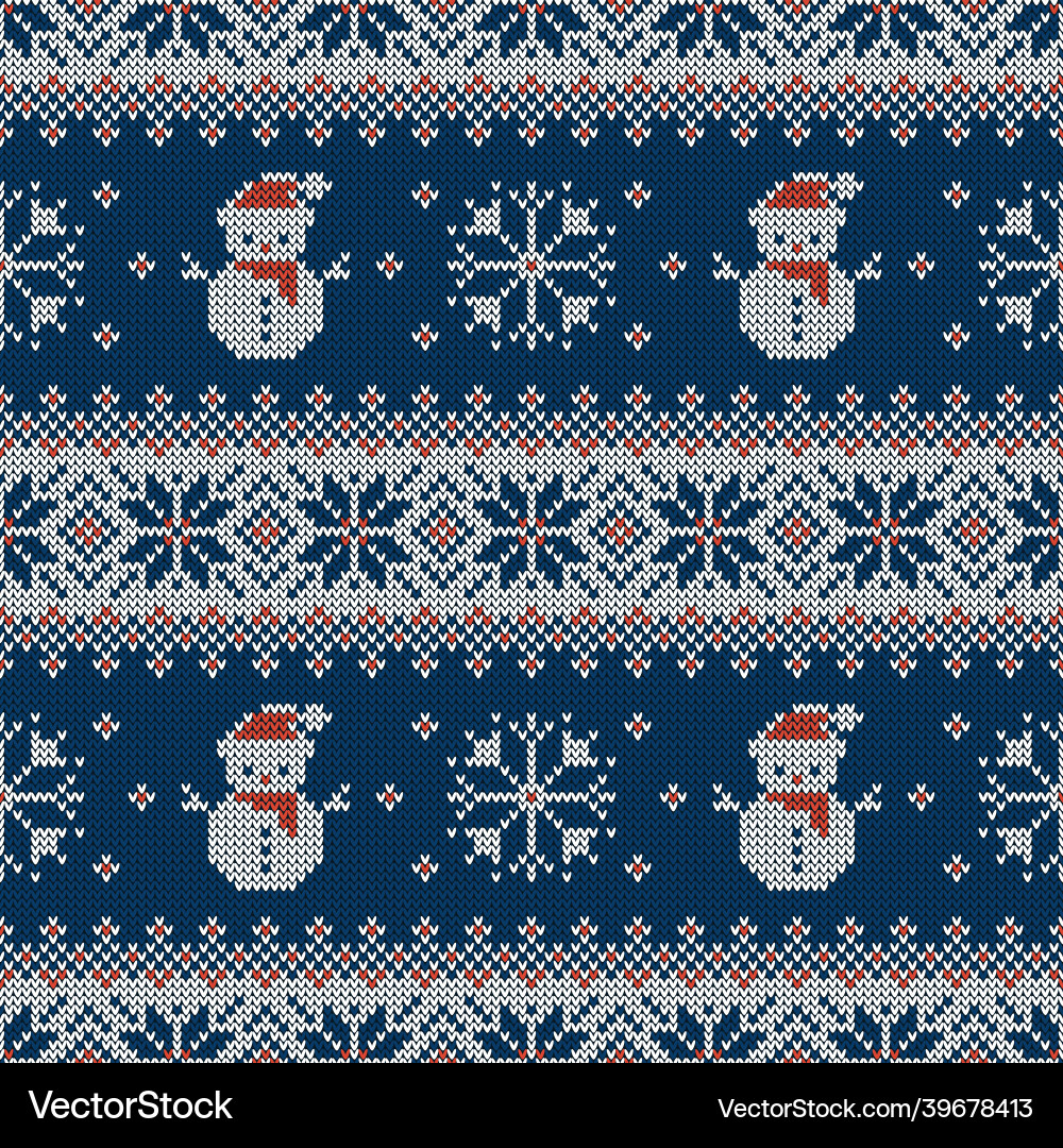 Knitted seamless pattern with snowman snowflakes Knitted seamless pattern with snowman snowflakes vector image