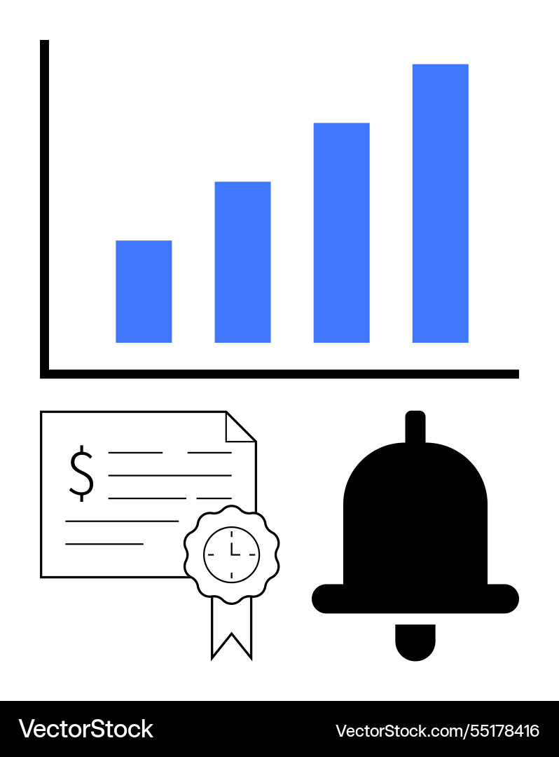 Bar chart certificate with seal and bell icon Vector Image