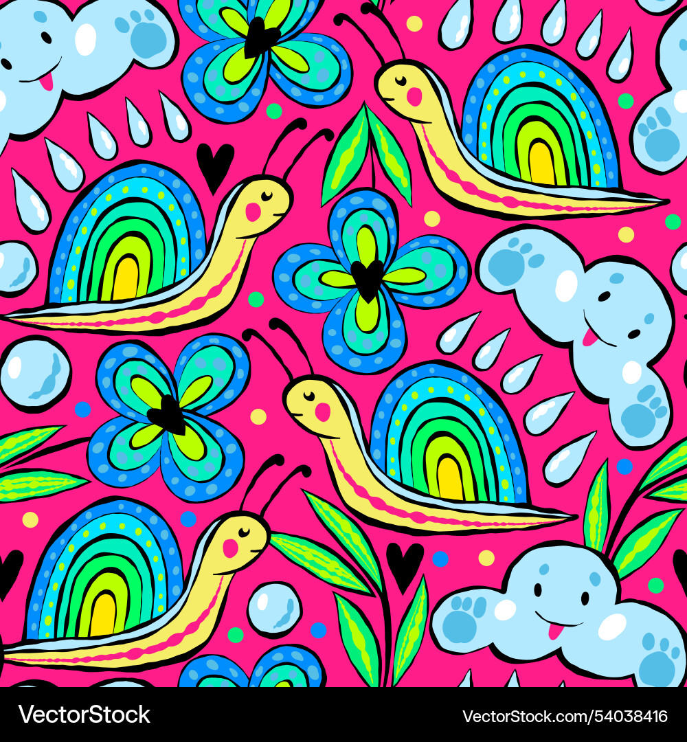 Seamless pattern with snails rainbows Seamless pattern with snails rainbows vector image