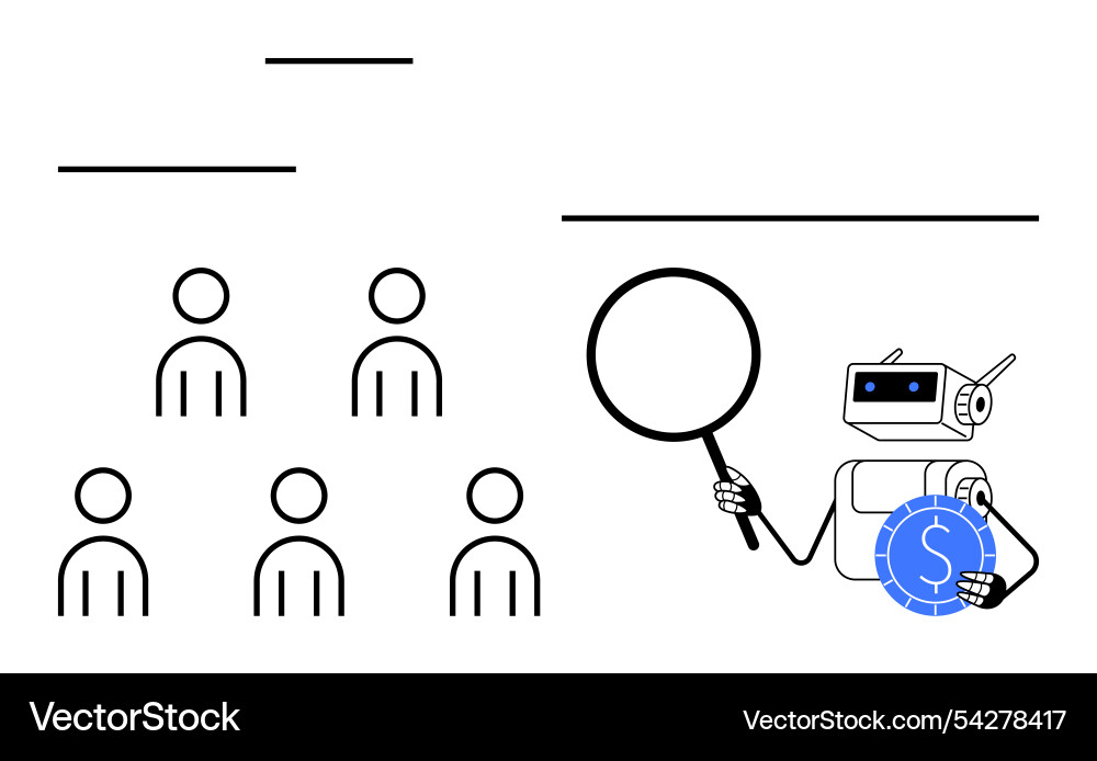 Ai robot analyzing team of people with magnifying Ai robot analyzing team of people with magnifying vector image