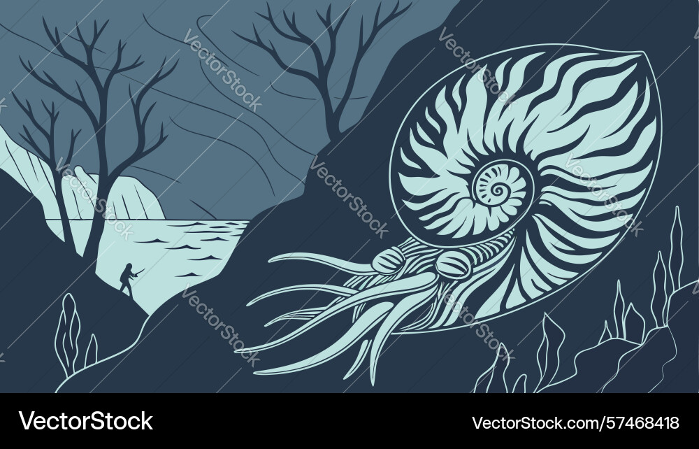 Nautilus shell in deep ocean environment design Vector Image