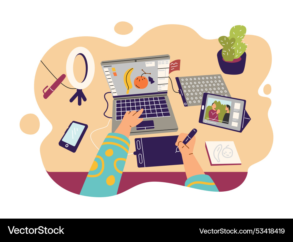 Designer works in a graphics program on laptop vector image