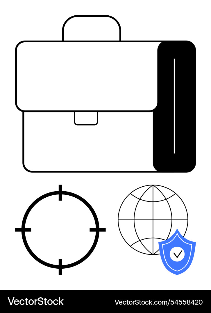 Briefcase with target globe and shield symbols Briefcase with target globe and shield symbols vector image