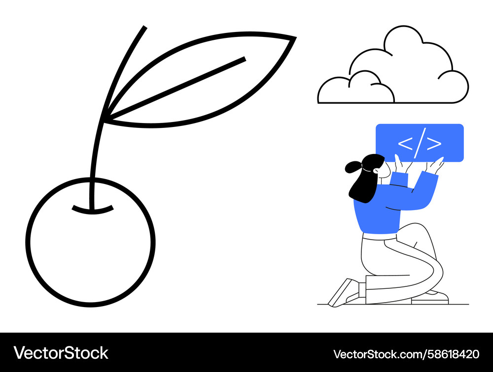 Developer writing code next to minimalist cherry Developer writing code next to minimalist cherry Vector Image