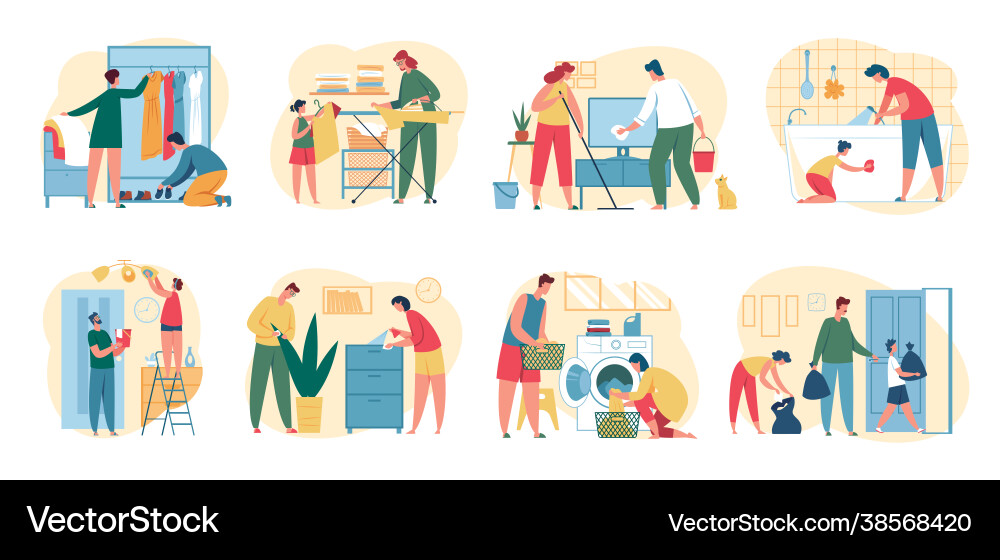 People cleaning house parents with kids doing People cleaning house parents with kids doing vector image