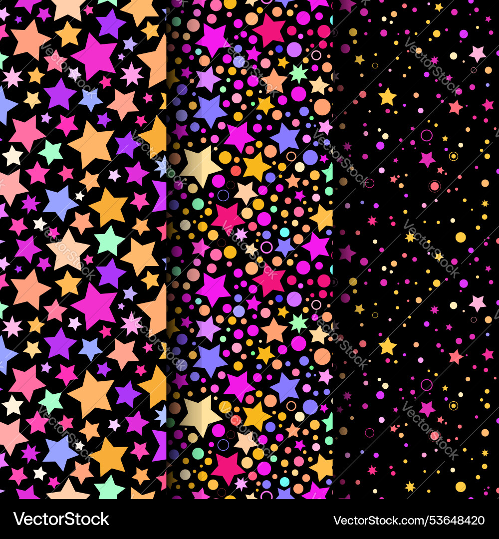 Set of three star multi-colored seamless patterns vector image