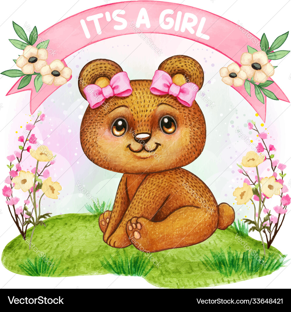 Cute watercolor bear girl baby shower vector image