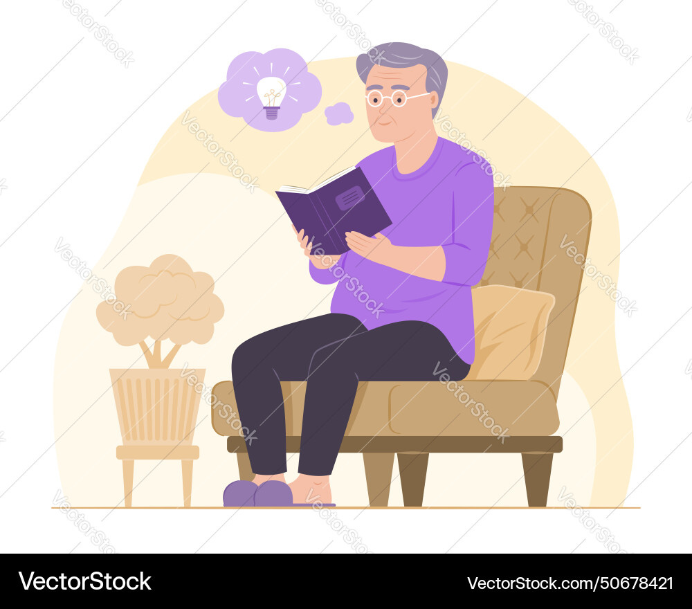 Elderly man sitting on sofa and reading a book vector image